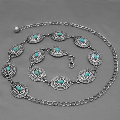 Women's Concho Chain Belt Western Cowgirl Metal Waist Chain | Belt for Dress - color: B Silver, size: S: 41.3 in
