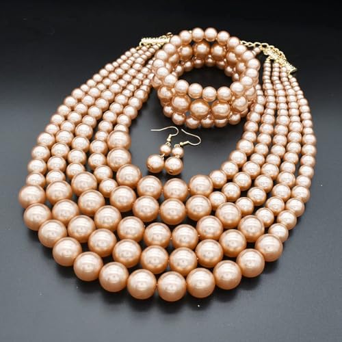 Faux Big Pearl Srand Necklaces for Women 5 Layers Pearls Choker Bib Collar Necklace Bracelet and Earrings set 1920s Costume Pearl Jewelry Bridal Wedding - color: champagne