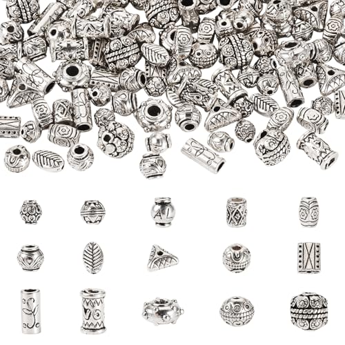 Craftdady 150pcs Antique Silver Tibetan Style Alloy Beads Rectangle Round Column Flat Round Column Leaf Oval Metal Spacer Beads Retro Craft Loose Bead 5.5-12 mm for DIY Bracelet Jewelry Making - color: Antique Silver 15 Style