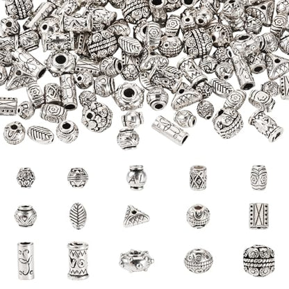 Craftdady 150pcs Antique Silver Tibetan Style Alloy Beads Rectangle Round Column Flat Round Column Leaf Oval Metal Spacer Beads Retro Craft Loose Bead 5.5-12 mm for DIY Bracelet Jewelry Making - color: Antique Silver 15 Style