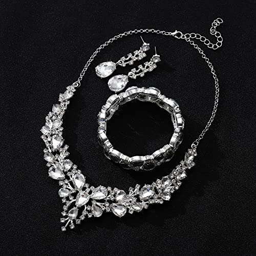 Rhinestone Bridal Jewelry Sets for Women Crystal Necklace Earrings Bracelet Set Silver-Tone Wedding Bridal Bridesmaid Gifts fit with Wedding Dress - color: A:3pcs-Silver Tone Necklace + Earrings + Bracelet set