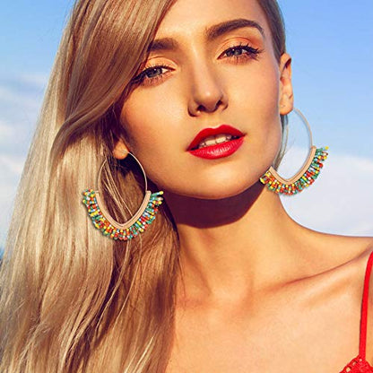 V-Shaped Beaded Dangle Earrings - Statement Drop Fringe Earrings, Boho Handmade Tassel Jewelry Gift for Women - color: Colorful