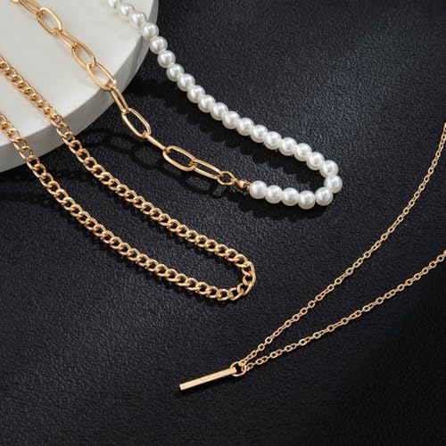 Layered Gold Necklaces for Women Stackable Pearl Paperclip Chain Necklaces Adjustable Dainty Bar Pendant Necklaces Trendy Everyday Jewelry Gifts - color: Gold