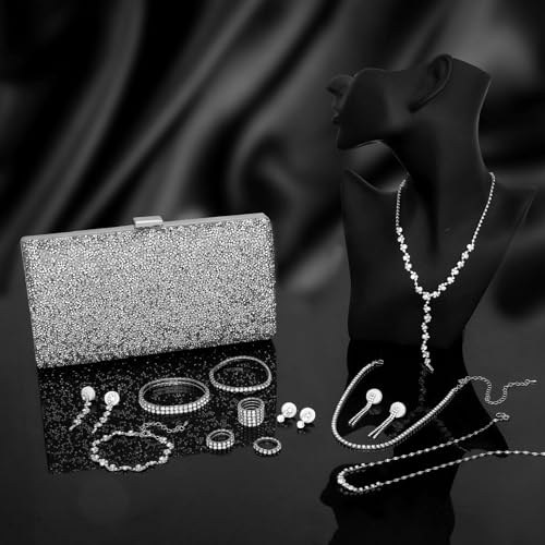 NEWITIN Purse Rhinestone Jewelry Set for Women Prom Jewels Crystal Clutch Purse Necklaces Rings Bracelets Earrings Gold Silver Jewelry Set for Women Bride - color: 16 Pieces Silver