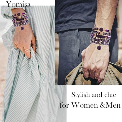Yomisa 5PCS 6PCS Natural Boho Beaded Bracelets/Bangle for Women Men,Healing Turquoise Jasper Agate Crystal Gemstone Stone Chakra Multilayer Wrap Bohemian Handmade Jewelry Beads Stretch Bracelet Set - color: 5PCS-Purple