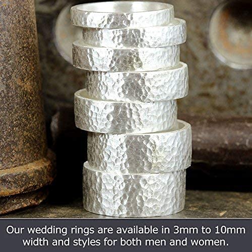 925 Sterling Silver Wedding Ring Hammered Flat Pipe Cut Textured Thick & Durable Handmade Unisex Mens & Women Rustic Engagement Promise Band - US Size 4-13 - Custom Engraving - color: 01 - 7mm Silver