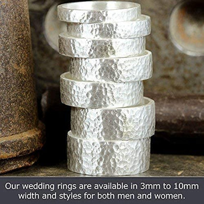 925 Sterling Silver Wedding Ring Hammered Flat Pipe Cut Textured Thick & Durable Handmade Unisex Mens & Women Rustic Engagement Promise Band - US Size 4-13 - Custom Engraving - color: 01 - 5mm Silver
