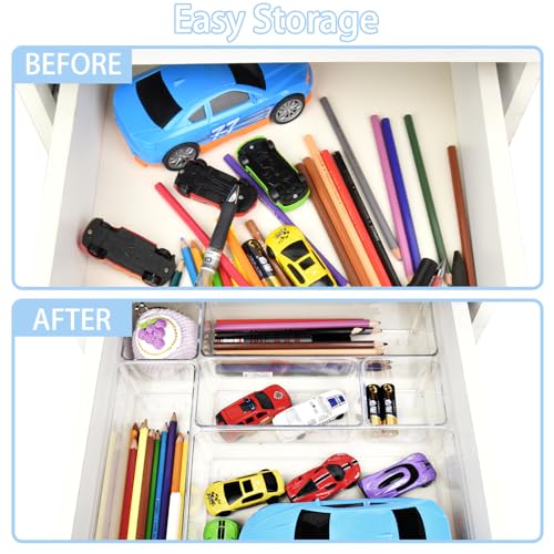 Manalete Drawer Organizers Set of 15, 4 Sizes Clear Plastic Drawer Organizers and Storage Bins for Kitchen, Bathroom, Office, Dresser Desk Drawer Organizer Tray for Jewelry, Makeup, Junk, Gadgets - size: 15Pack(0-0-1-2-5-7)