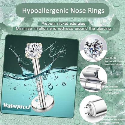 20G Nose Rings Hoop Set for Women, 12PCS Hypoallergenic Stainless Steel Comfortable for Ear Stack Daily Wear Dainty Non Tarnish Nose Hoop Stud Set, L Shaped CZ Threadless Flat Back Nose Stud Piercing Jewelry - color: 20G(0.8MM)-Sliver