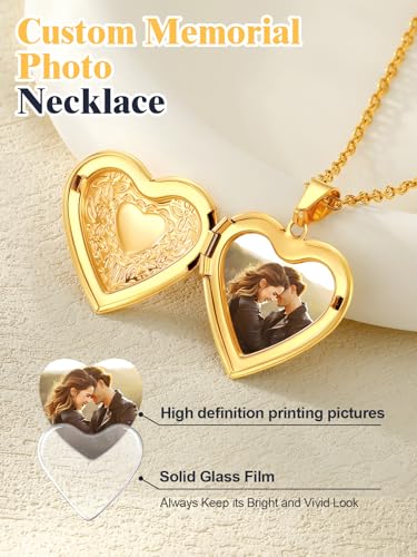 U7 Women Locket Necklace, Heart Photo Lockets Hold Picture, Gift Box Packed | Gold/Silver/Rose Locket Charm, Custom Picture and Engravement Heart Pendant, 20" Chain, Personalized Gift for Mom Wife Friend - color: 01# Gold Heart