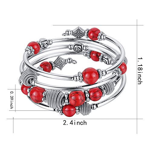 PEARL&CLUB Beaded Chakra Bangle Turquoise Bracelet - Fashion Jewelry Wrap Bracelet with Thick Silver Metal and Mala Beads, Birthday Gifts For Women - color: Red