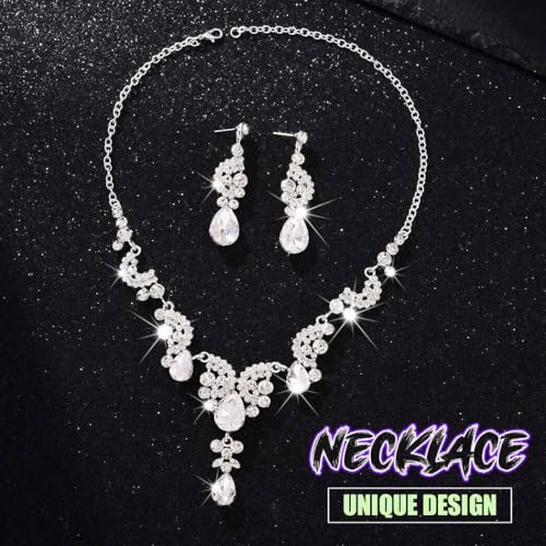 Sixexey Rhinestone Jewelry Set Crystal Necklace and Earrings Wedding Prom Jewelry Accessories for Women - color: Silver