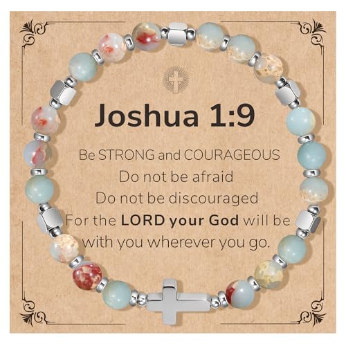 Natural Stone Stretch Bracelet for Women - Holy Water Elastic Cross Bracelet | Christmas Christian Baptism Gift, Meaningful Gifts, Unique Gift for Friends Mom Daughter Sister - style: cross-Joshua