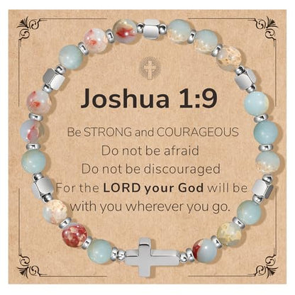 Natural Stone Stretch Bracelet for Women - Holy Water Elastic Cross Bracelet | Christmas Christian Baptism Gift, Meaningful Gifts, Unique Gift for Friends Mom Daughter Sister - style: cross-Joshua