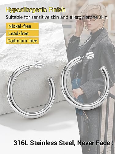 PROSTEEL Chunky Hoop Earrings for Women 14K Gold Plated/Black/Silver | 20/30/40/50/60/70/80mm Stainless Steel Thick Big Round Hoop with Waterproof and Non Tarnish Trendy Jewelry with Gift Box - color: 2. Silver, size: 40MM