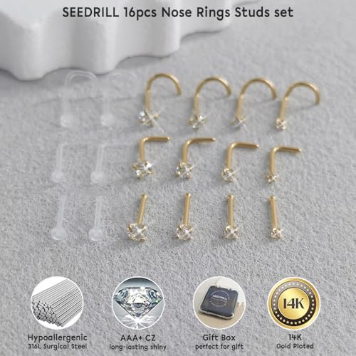 SEEDRILL 18Pcs Nose Rings Studs for Women Men 20G Clear Nose Studs piercing retainers Hypoallergenic 316L Surgical Steel Nose Piercings Jewelry Nose Ring L Shape Nose Stud 20 Gauge Nose Screw Studs - color: Gold