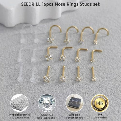 SEEDRILL 18Pcs Nose Rings Studs for Women Men 20G Clear Nose Studs piercing retainers Hypoallergenic 316L Surgical Steel Nose Piercings Jewelry Nose Ring L Shape Nose Stud 20 Gauge Nose Screw Studs - color: Gold