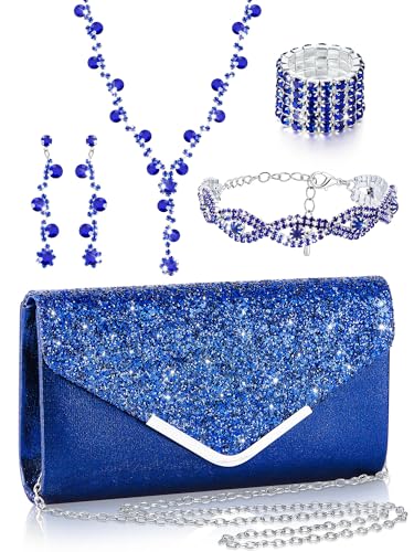 Henoyso 5 Pcs Purse Rhinestone Jewelry Set Prom Jewelry Rhinestone Clutch Purse Necklace Earrings Bracelets for Women Bride - color: Royal Blue