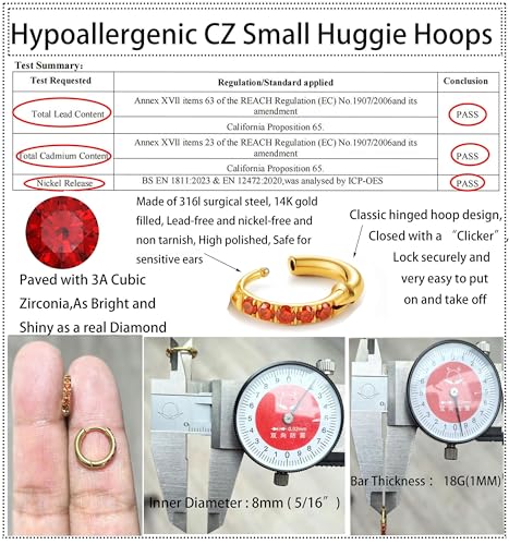 Hypoallergenic Unisex Surgical Steel Small Cubic Zirconia Huggie Hoop Earring, Color Gold - Silver - Rose Gold - Black - Rainbow, Size 6mm- 12mm Safe for Sensitive Ear - style: P05 : 8mm - gold - red cz