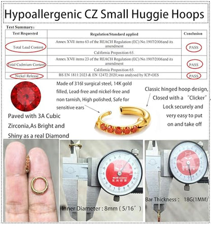 Hypoallergenic Unisex Surgical Steel Small Cubic Zirconia Huggie Hoop Earring, Color Gold - Silver - Rose Gold - Black - Rainbow, Size 6mm- 12mm Safe for Sensitive Ear - style: P05 : 8mm - gold - red cz