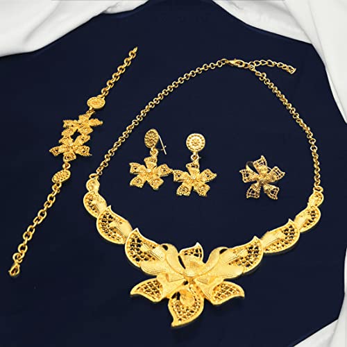 indian Women Jewelry Necklace Set african Dubai Bride Wedding Prom Fashion Jewelry 24K Gold Plated Necklace Bangles Rings Earrings - color: S-58