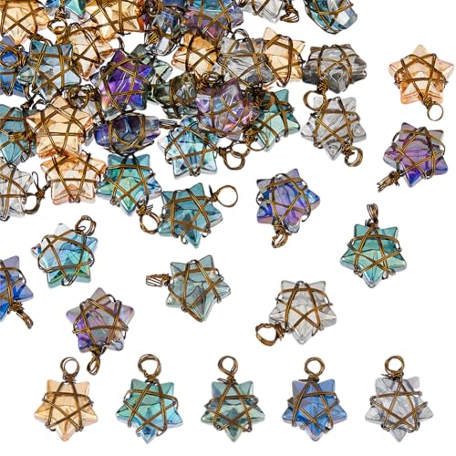 SUPERFINDINGS 40Pcs Wire Wrapped Star Pendants AB Color Electroplate Glass Charms Mixed Color Crystal Dangle Charms for Earring Bracelet Necklace Jewelry Making - color: Brozen
