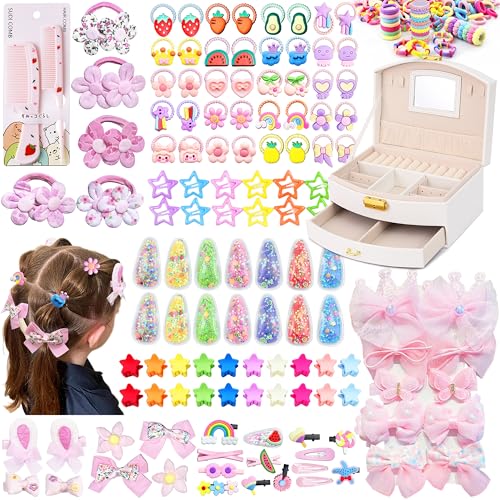 252Pcs Girls Hair Accessory for Back to School Gift with White Jewelry Box | Hair Stuff Including Jewelry Box for Neat Storage Clips Ties Bows for Little One Teen Age 3-12 Birthday Gift - color: WIHTE