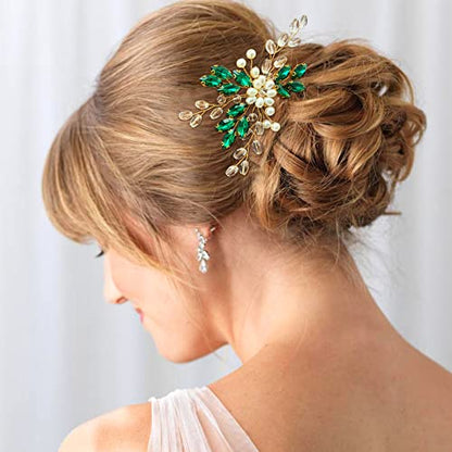 Bridal Emerald Green Crystal Gold Hair Pins Accessories for Prom, Pack of 2 | Fancy Wedding Pearl Green Rhinestone Flower Hair Pieces for Women and Girls