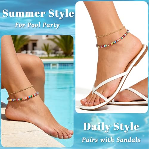 Ankle Bracelet for Women Natural Stone Colorful Beaded Boho Layered Anklet 14K Gold Plated Adjustable Beads Chain 2Pcs Anklets Set Handmade Summer Beach Jewelry - color: Colorful Beaded