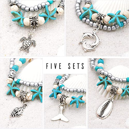 Suyi 5pcs Ankle Bracelets for Women Layered Beach Adjustable Anklets Boho Chain Anklet Foot Jewelry - color: 5pcs Set 3