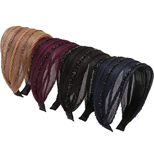 LONEEDY 4 Pack Wide Hard Headband with Teeth for Women, Girls’s Hair Band Pleated Cloth Fabric Hair Hoop Accessories (Mixed colors C) - color: Mixed Colors