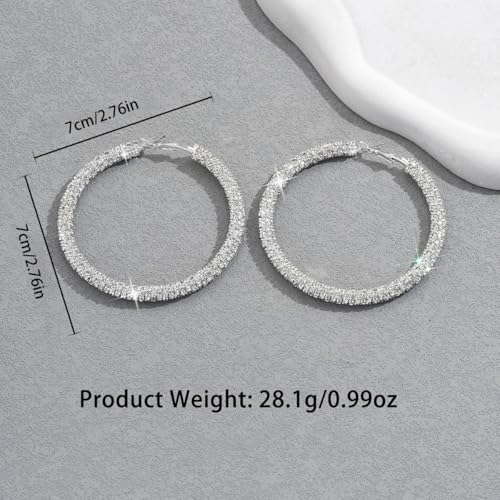 Large Silver Rhinestone Hoop Earrings Sparkly Big Hoop Earrings for Women Bling Chunky Silver Hoops 40/50/60/70mm Trendy Prom Wedding Christmas Jewelry - style: Diameter - 70mm