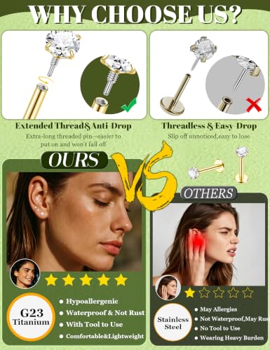 4Pairs 16G 18G G23 Titanium Flat Back Stud Earrings for Women Extended Internal Thread Cartilage Earrings Hypoallergenic Conch Helix Tragus Stud Lip Labret Medusa Nose Piercing Jewelry - color: Gold, size: 16G(1.2mm)
