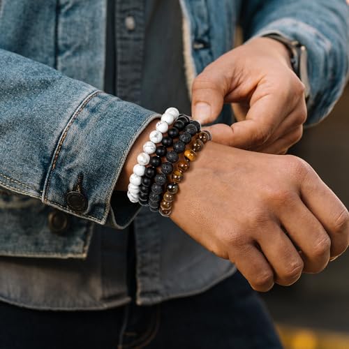 Mens Bead Bracelet Set - Adjustable Elastic Rope With 6&8MM Natural Stone Multi-Colored Beads - Tiger Eye Bracelets for Men - Gift - style: 4,white,black,tiger eye bracelet