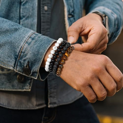 Mens Bead Bracelet Set - Adjustable Elastic Rope With 6&8MM Natural Stone Multi-Colored Beads - Tiger Eye Bracelets for Men - Gift - style: 4,white,black,tiger eye bracelet