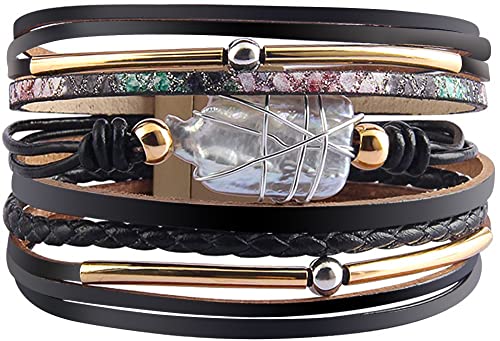 Fesciory Leather Wrap Bracelet for Women, Boho Western Layered Cuff Jewelry | Stackable Bracelets, Easy-On Clasp, Daily Wear, Pairs with Boho Western Outfits, Gift for Women - color: Black16