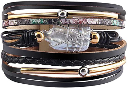 Fesciory Leather Wrap Bracelet for Women, Boho Western Layered Cuff Jewelry | Stackable Bracelets, Easy-On Clasp, Daily Wear, Pairs with Boho Western Outfits, Gift for Women - color: Black16