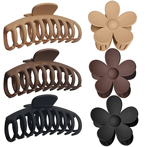 OWIIZI Hair Clip, Large Claw Clips for Thick Hair, Non-Slip Cute Flower Matte Big Hair Clips, Strong Hold Barrette Jumbo Hair Clips for Women, 6 Pieces Set | 2 Styles Hair Accessories,3pcs Matte Cute Flower Claw Clips,3pcs Big Hair Clips,Non-Slip,Strong H