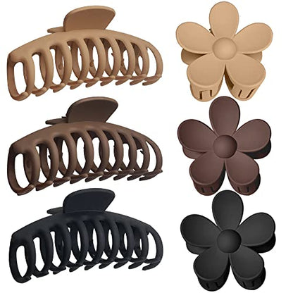 OWIIZI Hair Clip, Large Claw Clips for Thick Hair, Non-Slip Cute Flower Matte Big Hair Clips, Strong Hold Barrette Jumbo Hair Clips for Women, 6 Pieces Set | 2 Styles Hair Accessories,3pcs Matte Cute Flower Claw Clips,3pcs Big Hair Clips,Non-Slip,Strong H