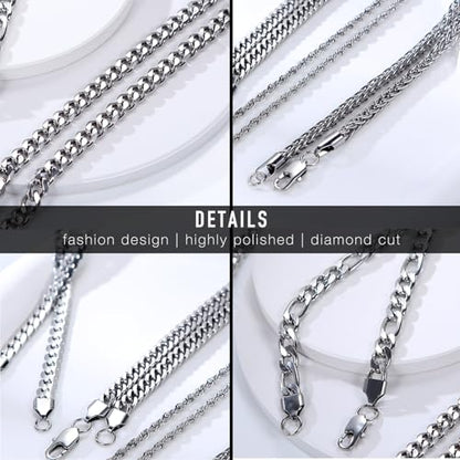 stino 7/8PCs Stainless Steel Chain Necklace Set for Men Women, Silver Tone Necklace Chains Bulk, Figaro Chain, Snake Chain, Cuban Link Chain, Rope Chain. - style: Muti-length- Heavy-7Pcs