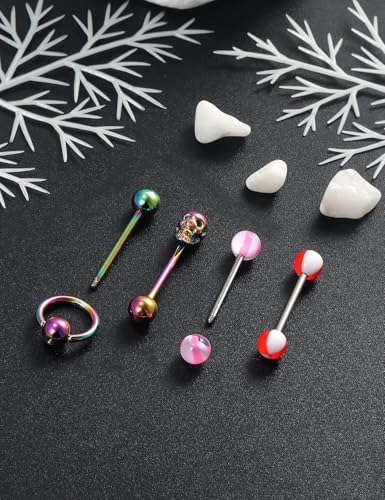 14G Silver/Rose-Gold/Rainbow Tongue Rings Piercing Jewelry for Women Men Work Surgical Steel Metal Tounge Barbell Acrylic Balls Set 29pcs - color: Rainbow