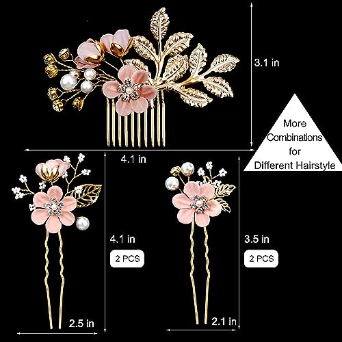 5 PCS Bridal Flower Wedding Hair Pins Crystal Pearl Hair Clips Headpiece Gold Wedding Hair Accessories Jewelry with Rhinestone for Brides Bridesmaids Women Girls Updo(Cherry Blossoms Pink) - color: Exquisite Flower Leaves&Cherry Blossoms Pink