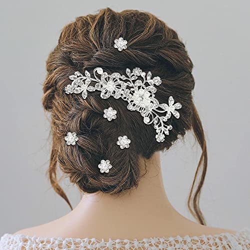 Cinaci 36 Pack Sparkly Silver Rhinestone Pearl Flower Butterfly Bridal Hair Side Combs+U-shaped & Twist Crystal Hair Pins Clips Wedding Headpieces Prom Accessories for Women Girls Brides Bridesmaids
