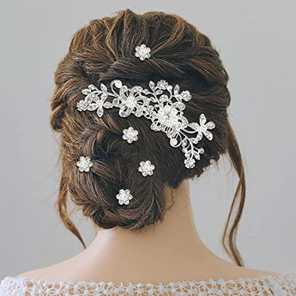 Cinaci 36 Pack Sparkly Silver Rhinestone Pearl Flower Butterfly Bridal Hair Side Combs+U-shaped & Twist Crystal Hair Pins Clips Wedding Headpieces Prom Accessories for Women Girls Brides Bridesmaids