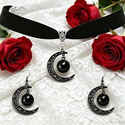 ONLYJUMP Gothic Witch Moon Earrings Necklace Set for Women Goth Black Velvet Moon Choker Necklace Moon Zirconia Dangle Drop Earrings Dark Halloween Witch Vampire Jewelry - color: Black