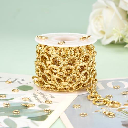 KYUMHOO 6.5 Feet Embossed Circle Chain Link for Jewelry Making | 18K Gold Plated Jewelry Making Chains Bulk on Spool with Jump Rings Lobster Clasps Necklace Bracelet DIY Chain Findings - color: Embossed Circle Gold
