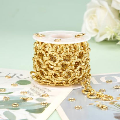 KYUMHOO 6.5 Feet Embossed Circle Chain Link for Jewelry Making | 18K Gold Plated Jewelry Making Chains Bulk on Spool with Jump Rings Lobster Clasps Necklace Bracelet DIY Chain Findings - color: Embossed Circle Gold