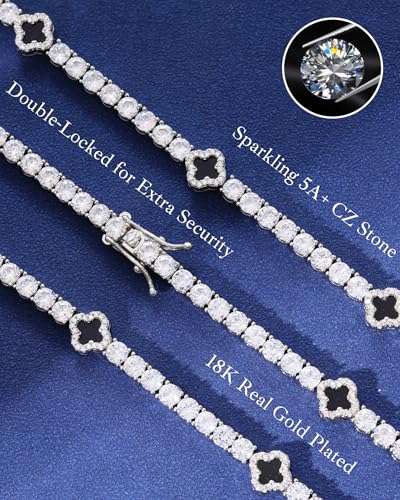 LuxeFlex 4mm Iced Out Four Leaf Tennis Chain,White Gold Plated with 5A Zircon Stones, exquisite Handmade Hip Hop Bling Necklace Perfect Unisex Jewelry Gift - color: White Gold, size: 16 INCH