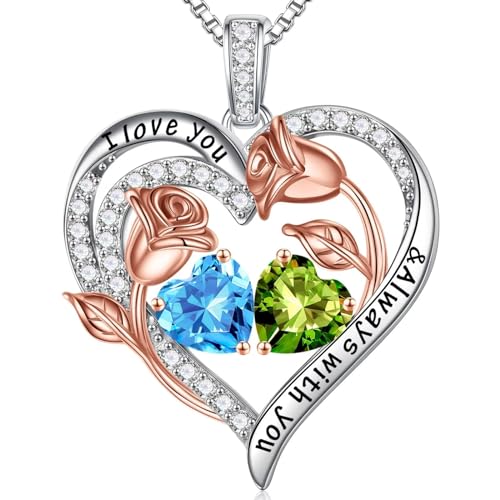 Iefil Birthstone Necklace for Women - Rose Heart Necklace | 925 Sterling Silver, Gift Box Packaging, Anniversary Birthday Gifts for Wife Mom Daughter - color: 03-08-Mar-Aug Birthstone