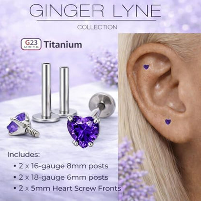 Titanium Heart CZ Labret Stud Earrings for Piercings by Ginger Lyne 6Pc Set G23 Screw Front Flat Back Body Jewelry 2 pair post 6mm, 8mm Cartilage, Helix, Tragus, Lip, Conch, Lobe - color: 5mm-DKPurple